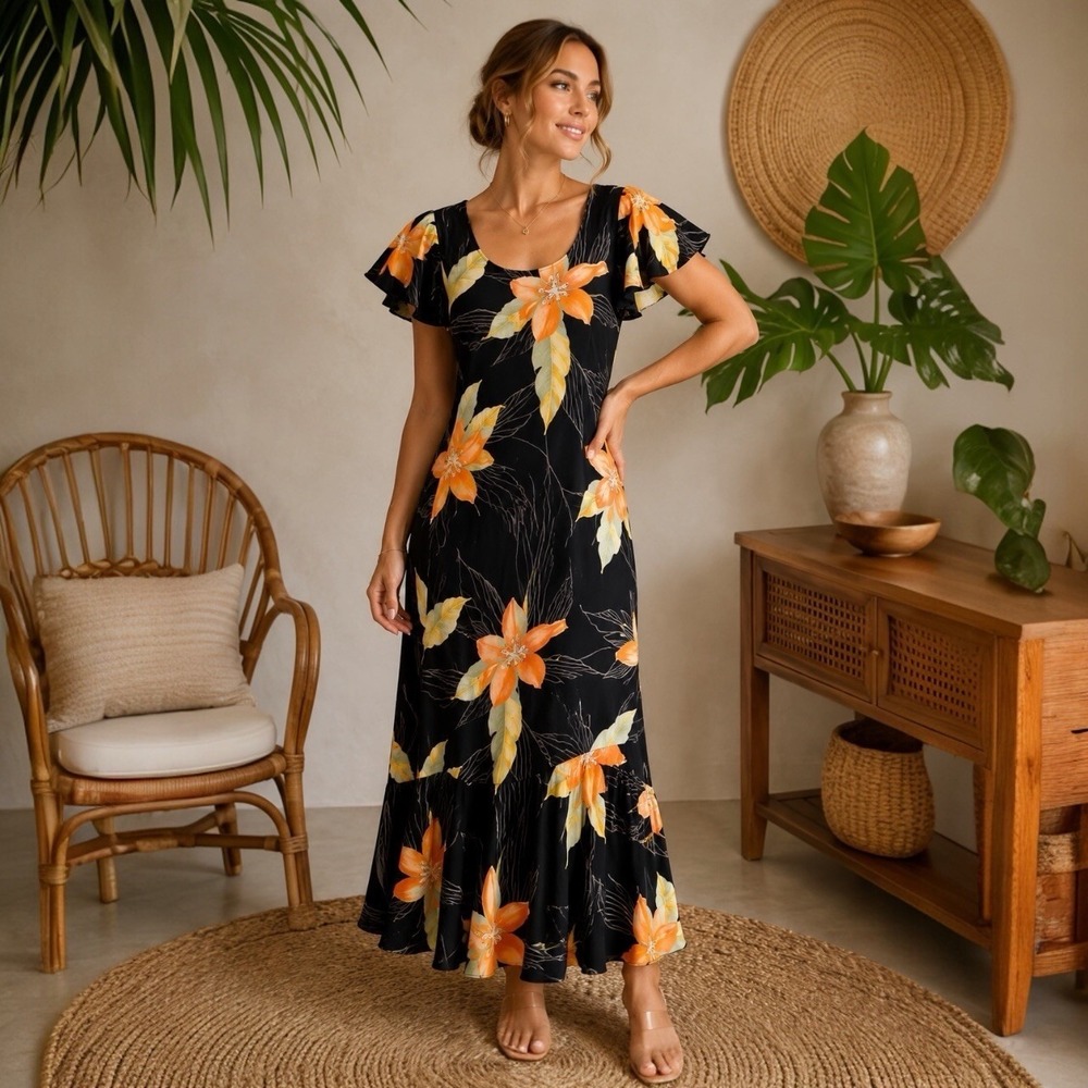 Vintage Y2K Tori Richard Hawaiian Tropical Floral Maxi Dress XL Resort Wear
